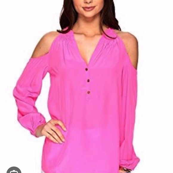 Lilly Pulitzer Tops - Lilly Pulitzer Sunny Cold Shoulder Tiki Pink Silk Blouse‎